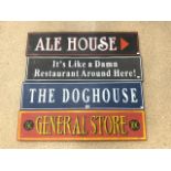 FOUR PAINTED WOODEN SIGNS, 120 X 28CMS