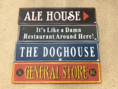 FOUR PAINTED WOODEN SIGNS, 120 X 28CMS