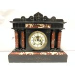 A LARGE VICTORIAN TWO-COLOUR SLATE MANTLE CLOCK, ARCHITECTURAL DESIGN AND COLUMN SUPPORTS, 40 X