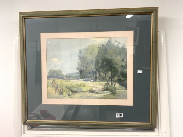 A FRAMED WATERCOLOUR OF FIGURES NEAR A RIVER SIGNED FRANK SHERWIN, 48 X 36CMS