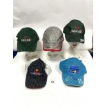 FIVE FORMULA ONE CAPS, ONE SIGNED BY LEWIS HAMILTON, THE OTHER FOR JAGUAR, RED BULL AND RENAULT