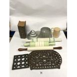 THREE VINTAGE CERAMIC ROLLING PINS, TWO IRON TRIVETS, JELLY MOULDS MRS BEETON BOOK ETC