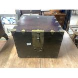 AN ORIENTAL BRASS BOUND STORAGE BOX 47 X 38CMS