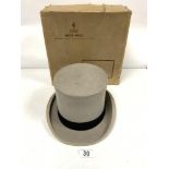 A GREY TOP-HAT, MAKERS- LINCOLN BENNETT & CO PICCADILLY LONDON, IN MOSS BROS HAT BOX SIZE 7 1/4