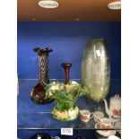 A FANCY GREEN GALSS VASE WITH GOLD THISTLE DECORATION, 12CMS AND TWO RUBY GLASS VASES AND AN