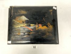 A JAPANESE LACQUER ALBUM CONTAINING WATERCOLOURS OF FLOWERS, BAMBOO TREES AND HATS