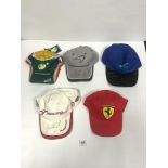 FIVE FORMULA ONE SIGNED CAPS FOR TOYOTA, MACLAREN, FERRARI, MARK WEBBER, AND SAUBER PETRONAS