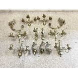 A SET OF FOUR BRASS THREE BRANCH WALL LIGHTS, THREE PAIRS OF TWO BRANCH BRASS WALL LIGHTS AND