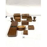 A QUANTITY OF WOODEN CARD BOXES, ONE WITH A SWIVEL TRUMP INDICATOR AND A SMALL PAIR OF OAK