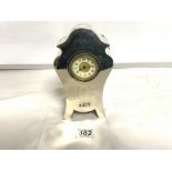 A HALLMARKED SILVER ORNATE BALLOON MANTLE CLOCK -BIRMINGHAM 1902 MAKER - LAWRENCE EMANUEL, 20CMS