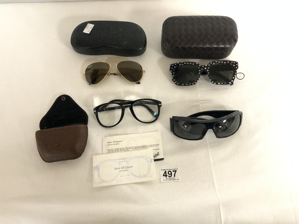 FOUR PAIRS OF SUNGLASSES, PERSOL, RAYBAN AND TWO OTHERS