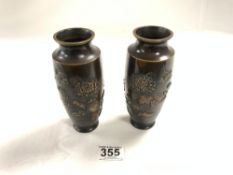 A PAIR OF JAPANESE BRONZE MEIJI PERIOD VASES WITH RAISED BIRD & FLOWER DECORATION, 15CMS