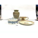 A DOULTON STONEWARE VASE (22 CMS), A WEDGWOOD EMBOSSED QUEENS WARE LIDDED POT, AND A PARAGON CHINESE
