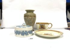 A DOULTON STONEWARE VASE (22 CMS), A WEDGWOOD EMBOSSED QUEENS WARE LIDDED POT, AND A PARAGON CHINESE