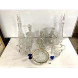 A PAIR OF CUT GLASS CONE SHAPE DECANTERS, SIX OTHER DECANTERS, TWO JUGS AND TRAY