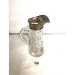 A CUT GLASS CLARET JUG WITH A SILVER 925 MARKED PAIRING COLLAR, 26CMS