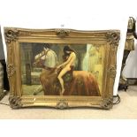 A LARGE GILT FRAMED MODERN OIL ON BOARD DEPICTING A NUDE GIRL ON HORSEBACK, 90 X 58CMS