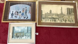 THREE FRAMED L. S. LOWRY PRINTS, THE LARGEST 50 X 28CMS