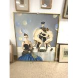 A MODERN FRAMED OIL OF TWO NUDE MEN WRESTLING, A BALLERINA AND A POLICEMAN, 87 X 106CM