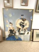 A MODERN FRAMED OIL OF TWO NUDE MEN WRESTLING, A BALLERINA AND A POLICEMAN, 87 X 106CM