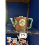 A 19TH CENTURY SHING RED, BLUE AND YELLOW GLAZED EARTHENWARE TEAPOT