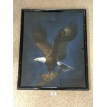 A PAINTING ON SILK OF A BALD EAGLE, SIGNED LEE W YOUNG, 50 X 62CMS
