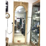 A TALL DOMED TOP FRAMED MIRROR WITH ORNATE GESSO DECORATION, 76 X 224CMS