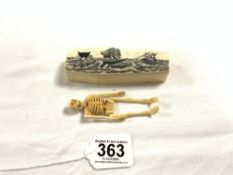 A BONE SCRIMSHAW COFFIN AND SKELETON IN MEMORY OF BEN HUGGINS 1ST MATE DIED WHALING OFF