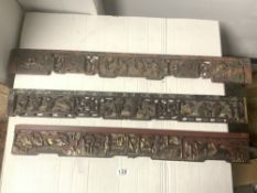 THREE 19TH CENTURY JAPANESE LACQUER CARVED FIGURAL FITTINGS, 10 X 32CMS