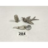 A METAL OWL ORNAMENT, A WINGED COSTUME BROOCH AND A WHITE METAL KINGFISHER BROOCH BY KEIM LTD