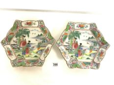 AN UNUSUAL PAIR OF 19TH/20TH CENTURY HEXAGONAL CANTONESE PLATES DECORATED WITH FIGURES BY A BRIDGE