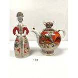 A RUSSIAN POST-REVOLUTIONARY COCKEREL DECORATED TEA-POT, 22CMS AND A FIGURE LADY DECANTER IN