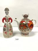 A RUSSIAN POST-REVOLUTIONARY COCKEREL DECORATED TEA-POT, 22CMS AND A FIGURE LADY DECANTER IN
