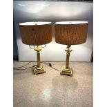 A PAIR OF MODERN BRASS TWO BRANCH CORINTHIAN COLUMN TABLE LAMPS, 64CMS INCLUDING SHADES