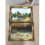 A PAIR OF MODERN GILT FRAMED OILS - HORSE PULLING A BARGE AND SHEEP IN FIELD, SIGNED BY CRANE, 74