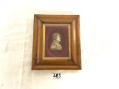 A MINIATURE WAX PORTRAIT OF NAPOLEON IN MAPLE FRAME, 18 X 21CMS