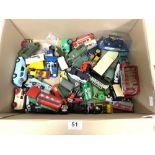 A QUANTITY OF TOY VEHICLES- INCLUDING DINKY ARMY TRUCKS, CORGI PETROLEUM LORRY, AND MORE