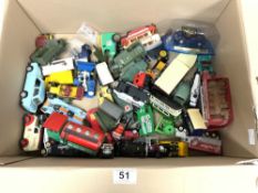 A QUANTITY OF TOY VEHICLES- INCLUDING DINKY ARMY TRUCKS, CORGI PETROLEUM LORRY, AND MORE