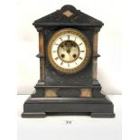 A VICTORIAN TWO-COLOUR SLATE MANTLE CLOCK OF ARCHITECTURAL DESIGN, 34CMS