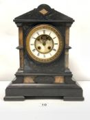 A VICTORIAN TWO-COLOUR SLATE MANTLE CLOCK OF ARCHITECTURAL DESIGN, 34CMS