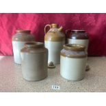 A STONEWARE DOMESTO'S JAR AND FOUR OTHER STONEWARE JARS