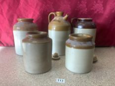 A STONEWARE DOMESTO'S JAR AND FOUR OTHER STONEWARE JARS