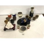 A QUANTITY OF SAKE CUPS, JAPANESE TEA POT, CHINESE BUDDHA ETC