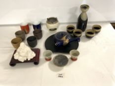 A QUANTITY OF SAKE CUPS, JAPANESE TEA POT, CHINESE BUDDHA ETC