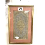 AN ANTIQUE LACE AND BEADWORK PANEL IN FRAME, 12 X 23CMS
