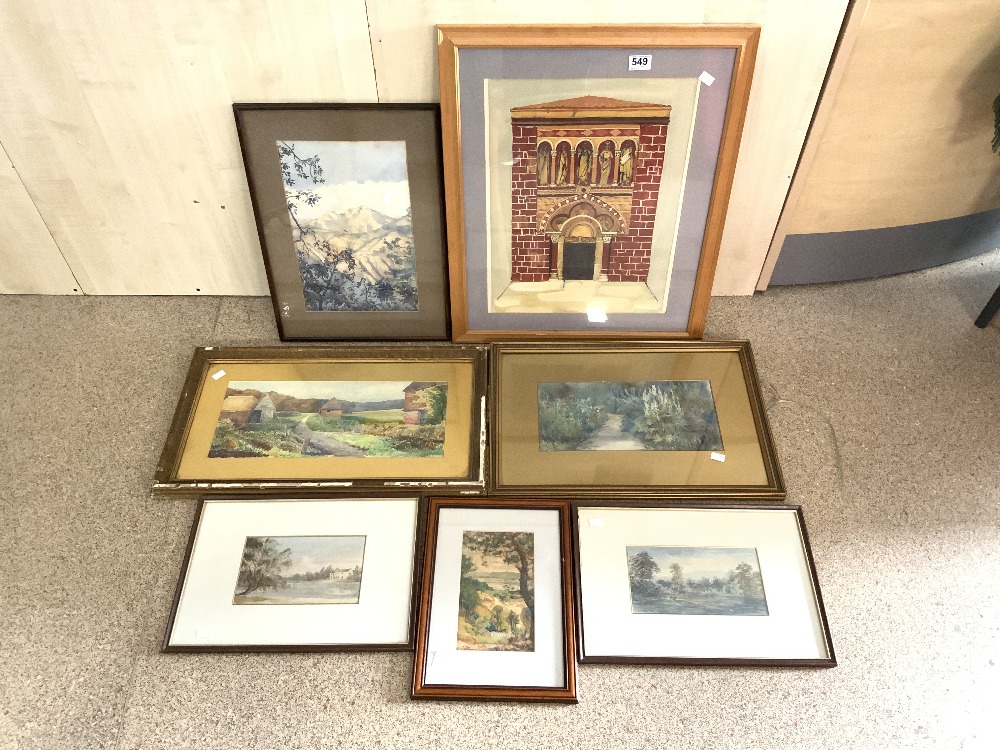 A PAIR OF WATERCOLOURS OF A COUNTRY HOUSE AND A CASTLE AND FIVE OTHER FRAMED WATERCOLOURS