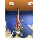 A TALL RUBY ART GLASS VASE, 38CMS AND A GLASS DUCK A/F