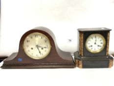 A MAHOGANY ADMIRAL HAT CHIMING MANTLE CLOCK, AND A SMALL VICTORIAN SLATE MANTLE CLOCK