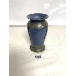 ARTS AND CRAFTS HAMMERED PEWTER CASED BLUE POTTERY VASE STAMPED ENGLISH PEWTER 1508 TO BASE, 18CMS