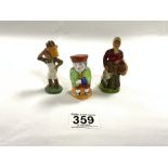 TWO SMALL PAINTED TERRACOTTA FIGURES OF A BAKER AND FARMERS WIFE AND A CROWN STAFFORDSHIRE SALT